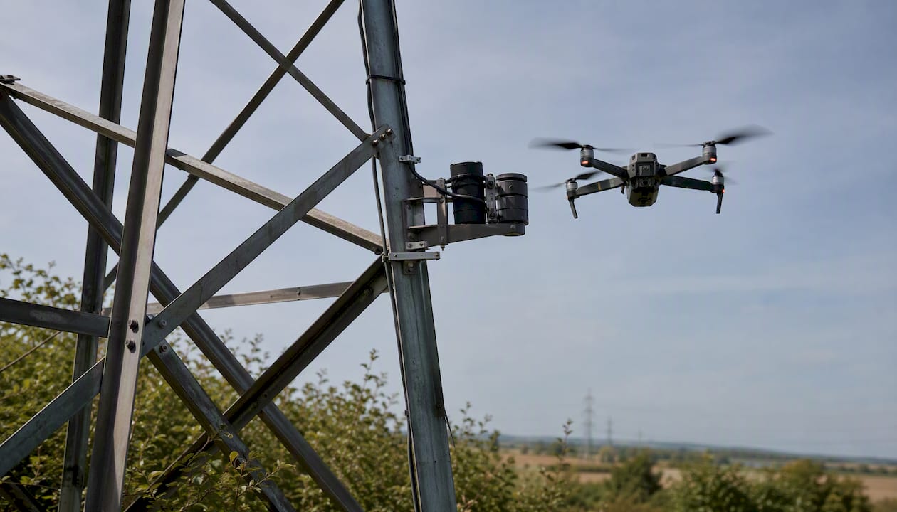 Un drone sorvola una torre elettrica per effettuare un’ispezione dettagliata.
